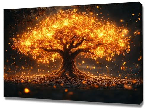TODOAA Astratto Quadri Soggiorno Grande Albero della vita Albero Moderno della Foglia d'Oro Pittura Moderni Poster da parete- Camera da letto Ufficio Decorazioni(Arancione 10)-30x40cm Incorniciato