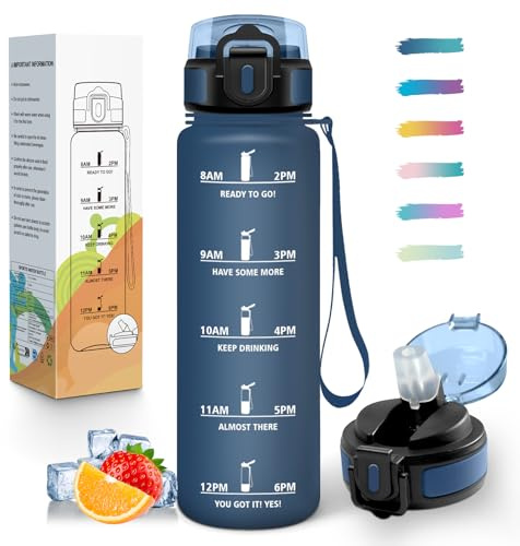 Mulbijeo Gourde 1L, Étanches, Gourde Avec Paille, Réutilisable, Bouteille d'eau, Échelle de Temps et Slogans de Motivation, Bouteille Sport pour Gym, Ecole, Cyclisme, Plein air, Sport