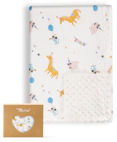 TILLYOU Babydecke Baumwolle 75x100 cm Doppelseitig Kinderdecke Musselin Decke Baby Krabbeldecke für Neugeborene, Tier-Karneval