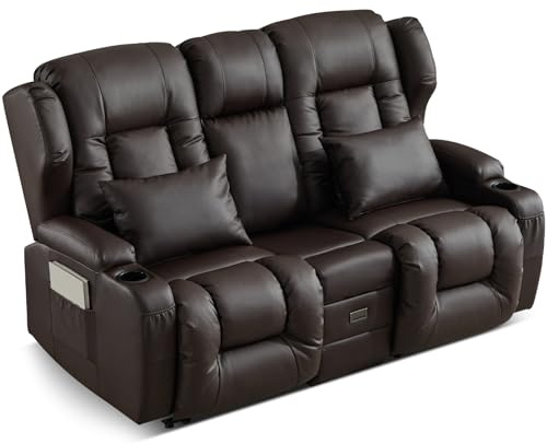 SAMERY Zweisitzer Relaxsessel mit Liegefunktion, 2er-Fernsehsessel Kinosessel 2 Sitzer TV Sessel Heimkino Sitze mit klappbare Mittelkonsole, 4 Getränkehalter (Dunkelbraun, 172 cm Zweisitzer)