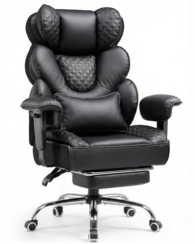 COMHOMA Ergonomischer Gaming Stuhl, Bürostuhl 180 kg, mit Verstellbarer Lendenstütze & Fußstütze, Hybrid-Design aus Kunstleder & Mesh, 150° verstellbare Rückenlehne, hoher Chefsessel, Schwarz
