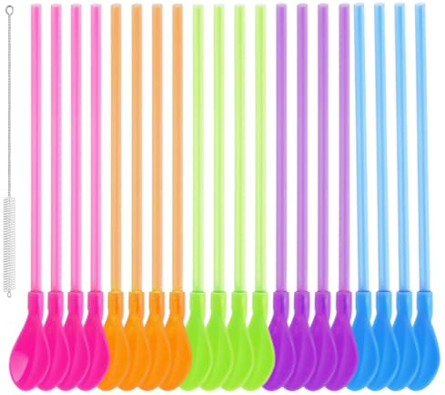 JIRVEX 20 Stück 2-in-1 Strohhalme Löffel 23,6 cm Slush Eis Strohhalme mit Reinigungsbürste Bunte Trinkhalmlöffel für Slush Becher Bubble Tea Milchshake Cocktail