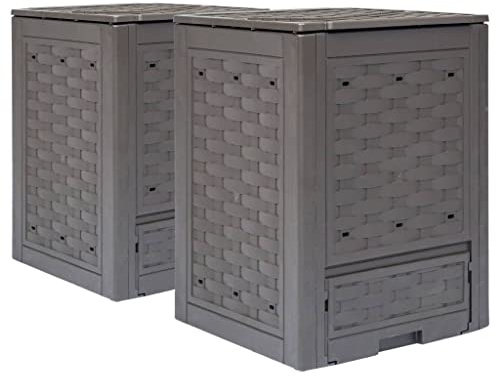 Runheo Compostador de jardín, 2 unidades, marrón, 60 x 60 x 83 cm, 600 L, plástico ratán, recipiente ventilado para compostaje con tapa dividida, resistente a los rayos UV, para jardín, huerto