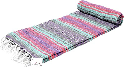 Open Road Goods Mexikanische Falsa-Decke, hell, pastellfarben, Pink / Grau / Violett / Mintgrün - Ideal als Stranddecke, Picknickdecke, Yoga-Decke oder Überwurf. Handgewebt