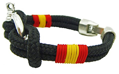 Pi2010 - Pulsera náutica con grillete/Color Negro/Bandera de España Trenzada/Unisex/Grosor 4mm / 3 tamaños/Hecho a Mano en España/Cierre zamac