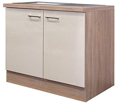 Flex-Well Spülenschrank Nepal - Unterschrank - inkl. Spülen-Einbaubecken - Breite 100 cm - Creme glänzend/Eiche Sonoma