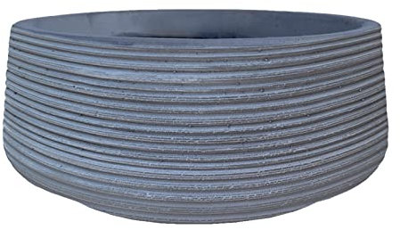 IDEALIST 12 Inch Garden Bowl Planter | Ribbed Grey Reinforced Stone Succulent Plant Pot | Bonsai Pot with Drainage Holes D31 H12 cm, with Inner Top D27 cm, 6 litres