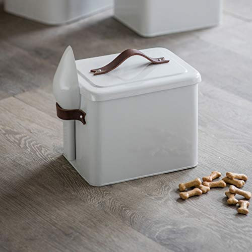 CKB LTD Small Pet Food Storage Tin with Scoop Holds Dog Cat Animal Treats Metal Food Tin Box Bin Sealed Lid - Leather Handle - Made from Chalk-coloured Steel 3.5kg H25 x W24 x D19cm