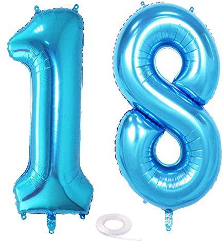 SNOWZAN Palloncino 18 Palloncino gonfiabile gigante, numero 18, decorativo, per il compleanno 18 anni, in pellicola, elio, misura XXL, blu Happy Birthday numero gigante