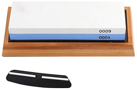 Whetstone Knife Sharpener, Professional Grade Knife Sharpening Stone Set with Angle Guide, 2-in-1 Double-Sided with Non-Slip Bamboo Base 1000/6000 Grit, Sharpener Holder