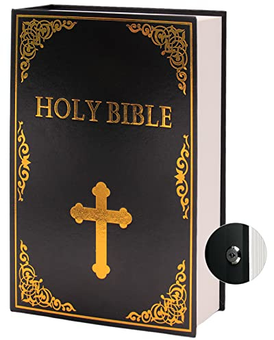 Leather Book Safe (Size 10.79×7.72×1.97) Real Paper Secret for Jewelry, Money and Cash, Diversion Book Safe,Hollow with Hidden, Key Lock (L, Bible-Key)