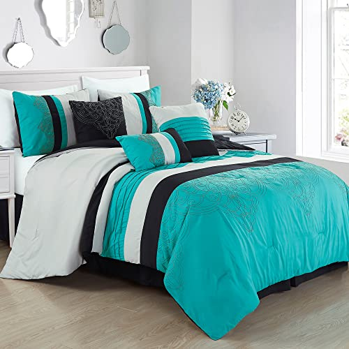 Chezmoi Collection Chloe 7-Piece Teal Blue Gray Black Geometric Medallion Embroidery Pleated Striped Comforter Set, Queen