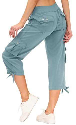 MoFiz Womens Capris Summer Cargo Shorts Lightweight Quick Dry Athletic Casual Travel Loose Ladies Outdoor Hiking Pants Pockets Dusty Blue L