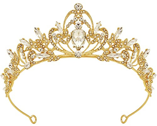 LIHELEI Krone Damen Tiara, Prinzessin Diadem Hochzeit Tiara, Kristall Tiara für Hochzeit, Ball, Braut-Diadem, Braut-Haarschmuck, Partydekoration - Gold + Weißer Kristall