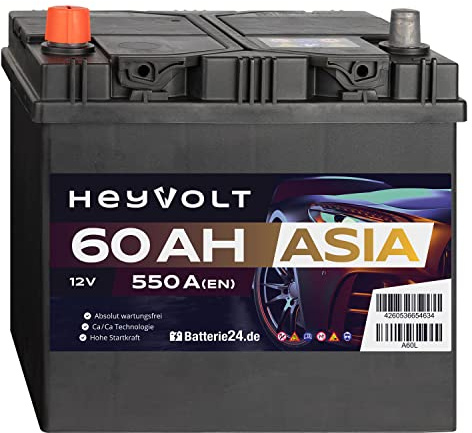 HeyVolt Autobatterie 12V 60Ah 550A/EN Asia Pluspol Links