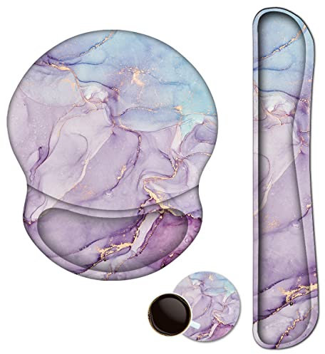 ArtSo Mauspad, Tastatur, Handgelenkauflage, ergonomisch, verbessertes Kissen, Mauspad, Gel-Memory-Schaum, rutschfeste Gummiunterseite, Büro, lila blauer Marmor