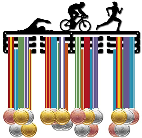 CREATCABIN Triathlon-Medaillenaufhänger Sportmedaillenhalter Eisen Schwimmen Fahrrad Laufen Wettbewerb Wandaufhängung Rahmen Haken Display Für Läufer Schwimmer Geschenk Über 60+ Medaillen 40x15cm