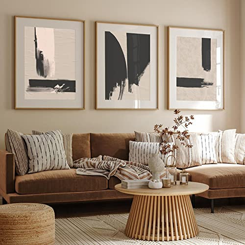 BIEMBI Leinwandbild im Vintage-Stil, modern, abstrakt, beige, schwarz, weiß, minimalistisch, Poster, Wandkunstdruck, Bild, Wohnzimmer-Dekoration, 60 x 90 cm x 3, rahmenlos
