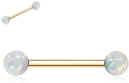 14G Nippelringe Gold Nippelpiercings Zungenringe Zungenpiercings G23 Titan Nippelschmuck Nippelbarbells Nippelpiercingschmuck Straight Barbell 16mm Weißer Opal Nippel Bars