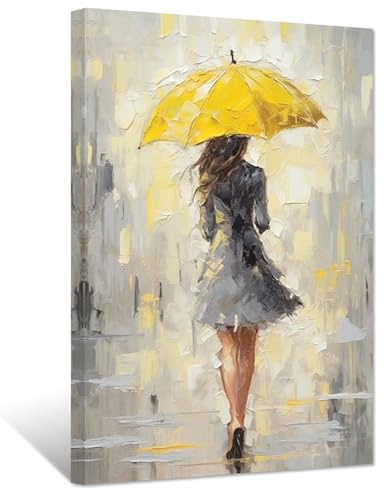 ZXHYWYM Abstract Girl Painting Prints Woman Holding Yellow Umbrella Canvas Pictures Elegant Artwork for Girls Room Bedroom Wall Decor Framed(Yellow, (16.00 x 24.00))