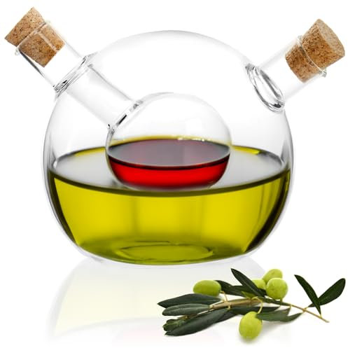 COM-FOUR® Bouteille d'huile et de vinaigre avec bouchon en liège - Carafe en verre 2 en 1 à remplir - Bouteille en verre avec insert et 2 ouvertures 42 ml, 300 ml (1 pièce - 2 en 1)