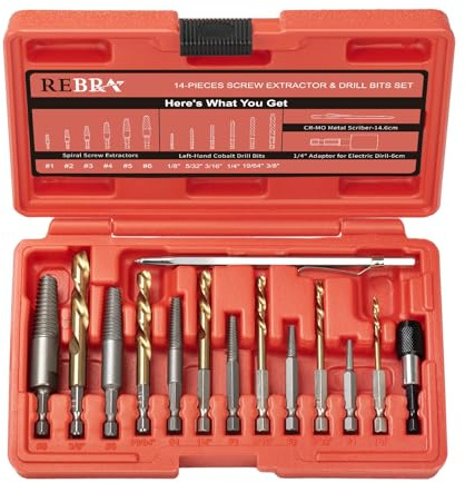 REBRA Screw Extractor and Left-Hand Drill Bit Set, Easy Out Broken Bolt Remover Reverse Cobalt HSS Steel Drill Kit, Ez Out Stripped, Rounded-Off, Damaged Bolts, Screws&Studs Removal Tool (14-Pieces)