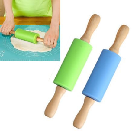 Matterello in Silicone Antiaderente Con Manici in Legno - Mattarello per Pasticceria e Bambini (2, Blu,verde, 22 * 4.3cm)