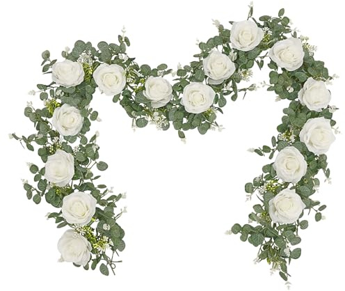Dolicer 2Pcs 13Ft Artificial Eucalyptus Garlands with Flowers - 8 Roses, Faux Floral Greenery Garlands Fake Flowers Vines for Wedding Table Centerpieces Arch Party Ceremony Backdrop Decor (White)