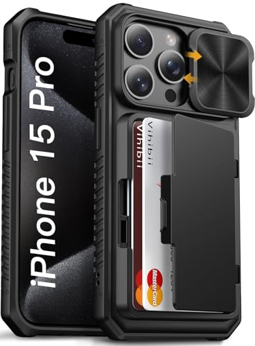 Vihibii for iPhone 15 Pro Case with Card Holder (4 Cards), Black | Slide Camera Cover & Kickstand, Shockproof Rugged Hard Back & TPU Soft Edge, Wallet Phone Case for iPhone 15 Pro 6.1, 2023