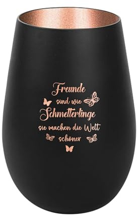 Der-Porzellan-Laden Windlicht mit Gravur Freunde sind wie Schmetterlinge | Schwarz Bronze, Teelichthalter aus Glas mit Spruch, Tischdeko modern