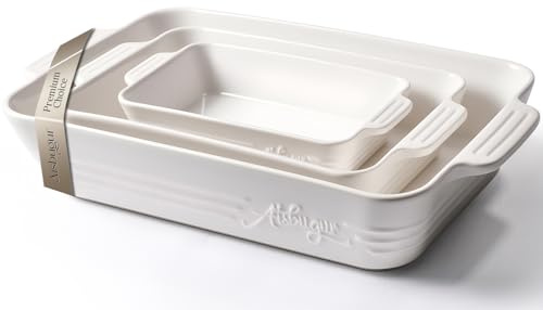 Ceramic Baking Dish Set, 3-Piece Casserole Dishes for Oven, Rectangular Baking Pans, Deep Lasagna Pans with Handles, Multi-Size Set for Cooking, Baking, Serving, and Gifting, White (16.1''/12.2''/9'')