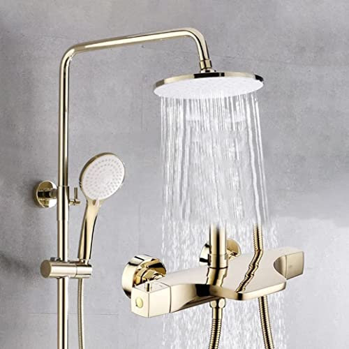 ASerZenith Duschsystem, thermostatisches Gold-Luxus-Duscharmaturen-Set, Messing-Umstellmischer, Wasserfall-Regendusche mit 10-Zoll-Regenduschkopf und Handbrause, Wand-Duschset, D