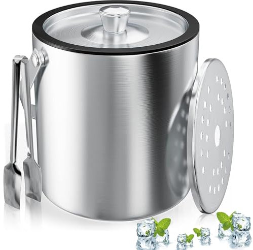 Secchiello Ghiaccio, Secchiello per Ghiaccio Rotondo con Setaccio e Pinze per Ghiaccio, Contenitore per Cubetti di Ghiaccio da 2 Litri, Secchiello per Ghiaccio in Acciaio Inox