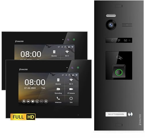 Balter EVO-HD Video Türsprechanlage mit Fingerprint, Video Türklingel, 1 Familienhaus, 2X 7 Zoll Monitore, Türklingel mit Kamera Full HD, 2 Draht Bus, 175° Weitwinkel, RFID,1080P