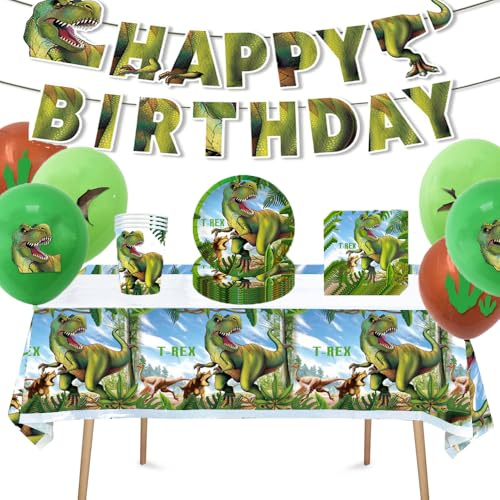 Dinosaurier Partygeschirr, Pappteller geburtstag Party Set, Dino geburtstag Pappteller Tiere Dschungel für Junge Motto Party (dunkelgrün)