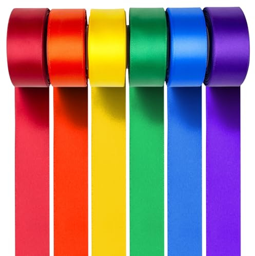 60M Rainbow Satin Ribbon Set – 6 Rolls of 50mm Wide, Vibrant Colours for Crafting, Gift Wrapping, and Party Decorations – Premium Quality Silk Ribbon Large Fabric Ribbons