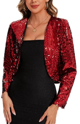 MINTLIMIT Strickjacke Damen Kurz Langarm Cardigan Pailletten Bolerojacke Schulterjacke Casual Top (Weinrot XXL)