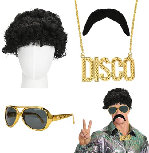 70er 80er Jahre Outfit Accessoires Herren, Afro Perücke Herren 4 Stück, Hippie Kostüm Herren, Schwarz Perücke Männer Geeignet Für Cosplay, Halloween, Kostümfeste