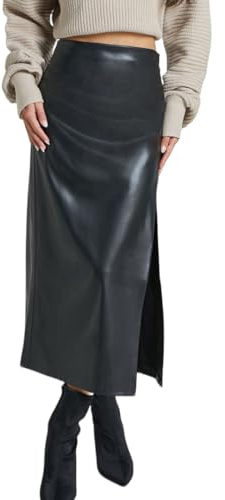RSBFK Damen-Bleistiftrock mit hoher Taille, Kunstleder, Seitenschlitz, figurbetonte Passform, langer Midirock, Schwarz , XL