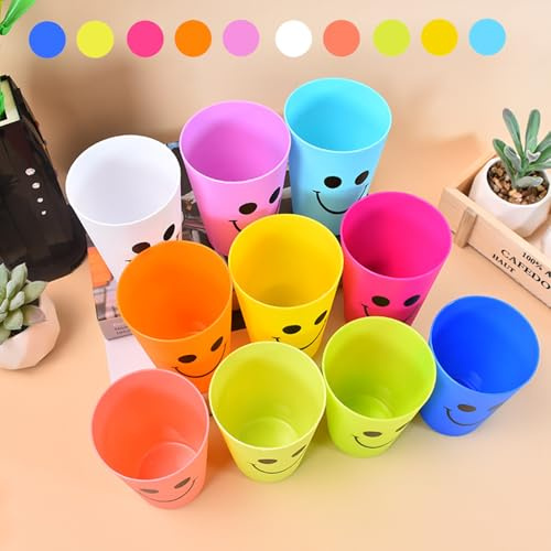 Unbreakable Plastic Toothbrush Toothpaste Holder, Stackable Reusable 260ml Smiling Face Rinse Drinking Mugs for Kids and Adult, Birthday Party, Speed Training, Bath or Daily Use (10 Colors)