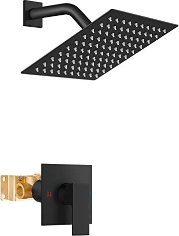 Shower Juego de grifo de ducha de níquel cepillado, de ducha tipo lluvia de acero inoxidable SUS304, cabezal de ducha cuadrado de 8 pulgadas, función única, manija única con válvula empotrada, kit de