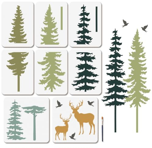MAYJOYDIY 8 Kiefernwald Schablone Wiederverwendbare Hirsch Und Vogel Schablonen Zum Malen 30 × 30/29.7 × 21cm Kunsthandwerksvorlagen Mit Pinsel Für Fenster Holz Wände Zuhause Geschenkdekoration