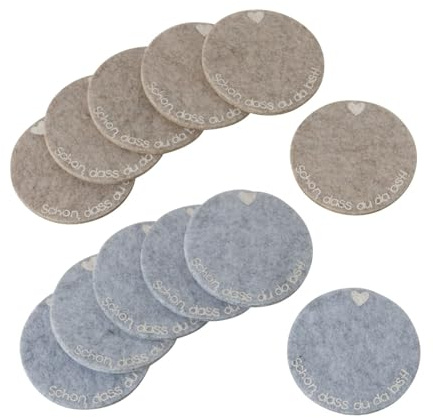 mucHome Filz Tisch-/Sitzkissenset 2er oder Untersetzer 2er Set 6teilige SCHÖN, DASS DU DA BIST! Herz-Design Grau Beige Tischset (Untersetzer 6 TLG. 2er Set 10 cm Durchmesser)