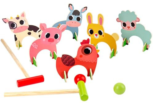 Spiele Set von Krocket Animal Dschungel in Holz - Krocket für Kinder mit Cartoons animierten Tieren, tragbares Spielzeugtor | Schönes Krocket im Freien für Kinder, klassisches Spiel bei
