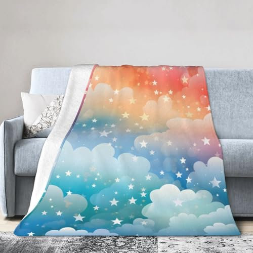 Regenbogen-Wolken-Überwurfdecke, 127 x 152 cm, Galaxie-Stern-Fleece-Decken für Couch, Bett, Picknick, weich, gemütlich, leicht, für alle Jahreszeiten