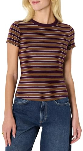 Amazon Essentials Camiseta de Manga Corta Acanalada y Elástica de Corte Ajustado Mujer, Burdeos Marrón Rayas, S