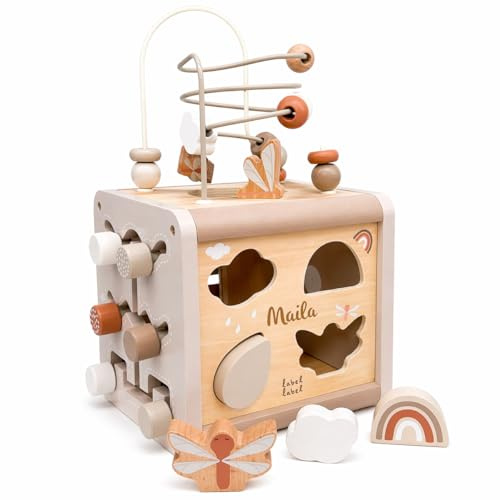 Mainely Motorikwürfel aus Holz personalisiert – Nougat – Spielzeug ab 12 Monate – Geschenk für Babys & Kleinkinder