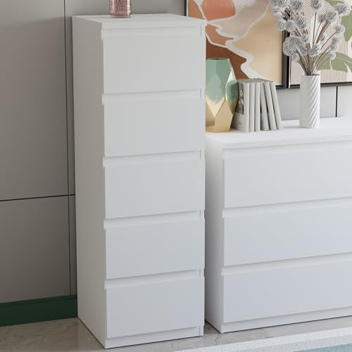 Forte EDMORE Kommode 40 50, Moderne, vertikale Kommode mit 5 Schubladen, Holzwerkstoff, Weiß, 41,8 cm breit x 128 cm hoch x 42,2 cm tief