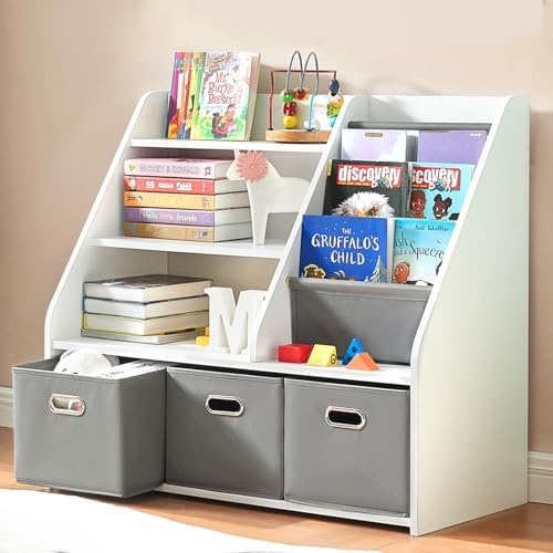 Kinderregal mit Spielzeug-Aufbewahrung - 4-stufiges Holz-Bücherregal für Kleinkinder mit 3 beweglichen Schubladen|Montessori-Bücherregal & Aufbewahrungsorganizer für Kinderzimmer, Spielzimmer Weiß