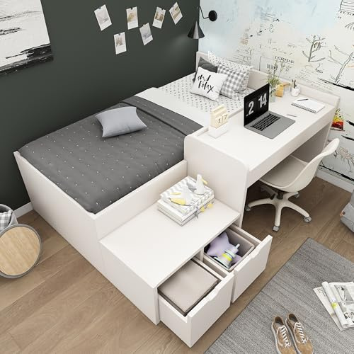 Massivholz Einzelbett mit integriertem Schreibtisch und Schubladen, Stauraumbett mit Lattenrost, funktionales Bettgestell mit Aufbewahrung und Arbeitsfläche